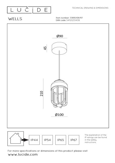 Lucide WELLS - Pendant light Indoor/Outdoor - Ø 10 cm - LED - 1x8W 2700K - IP54 - Rust Brown